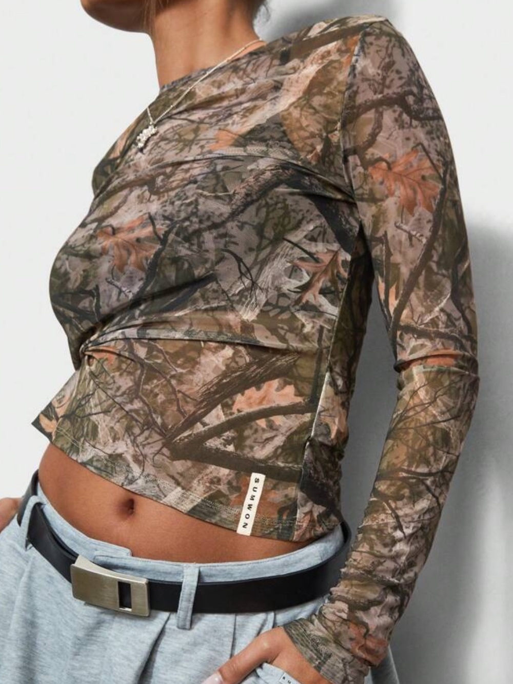 Camo sheer long sleeve top